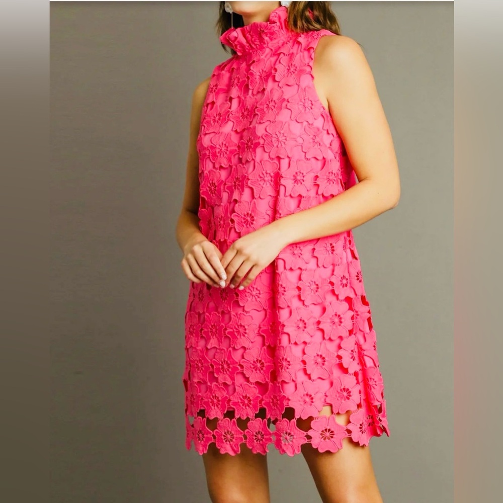 NWT. Umgee. Romantic Hot Pink Floral Lace Mini Dress with Statement Bow. Size L.